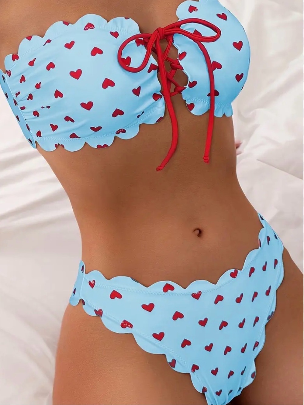 SHEIN Light Blue Bikini with Red Heart Print Size S